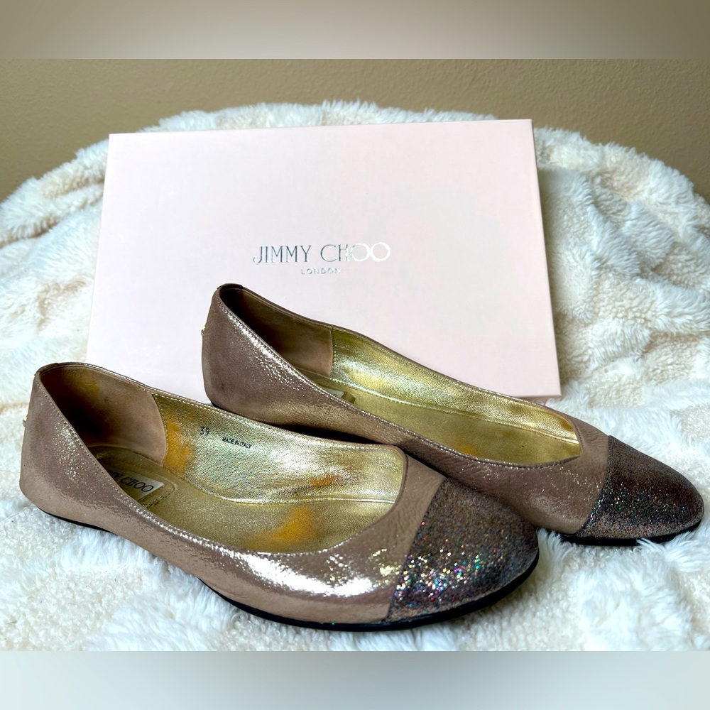 JIMMY CHOO gold glitter toe capped ballet flats 39 EU / US 9